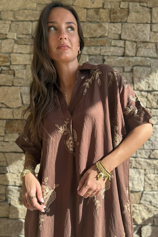 Yara Paisley Embroidered Shirt Dress Chocolate
